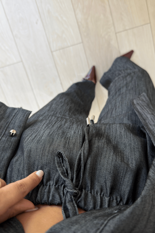 Düğme Detay Kuşaklı Füme Denim Gömlek / Pantolon TakımSezgi Tekin