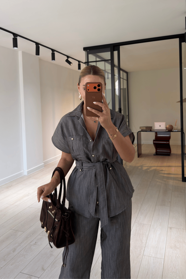 Düğme Detay Kuşaklı Kahve Denim Gömlek / Pantolon TakımSezgi Tekin