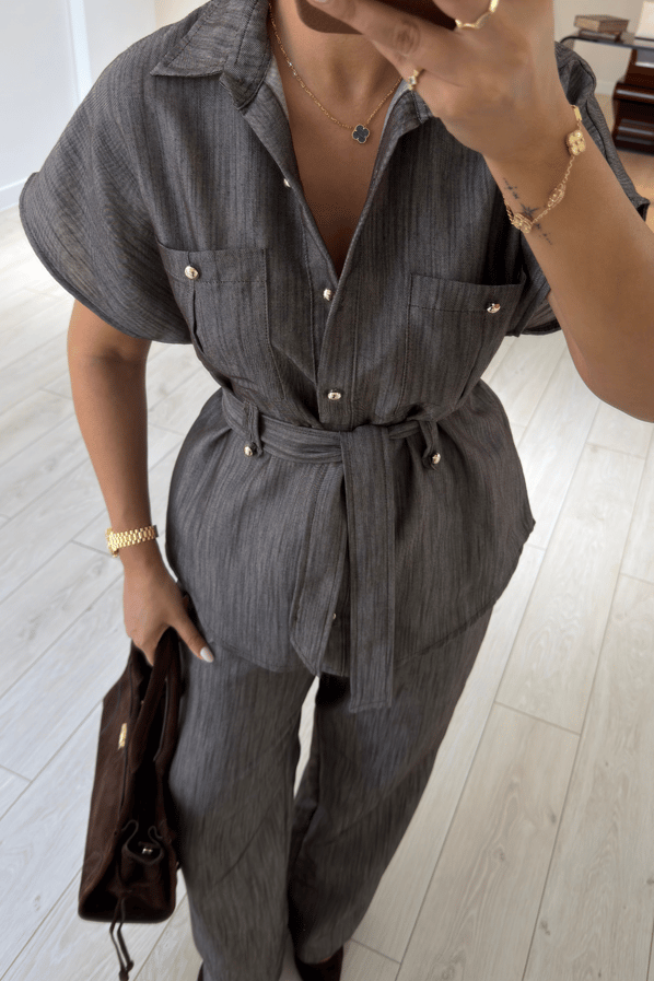 Düğme Detay Kuşaklı Kahve Denim Gömlek / Pantolon TakımSezgi Tekin
