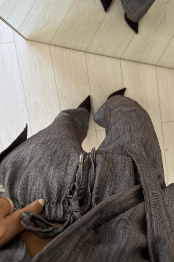 Düğme Detay Kuşaklı Kahve Denim Gömlek / Pantolon TakımSezgi Tekin