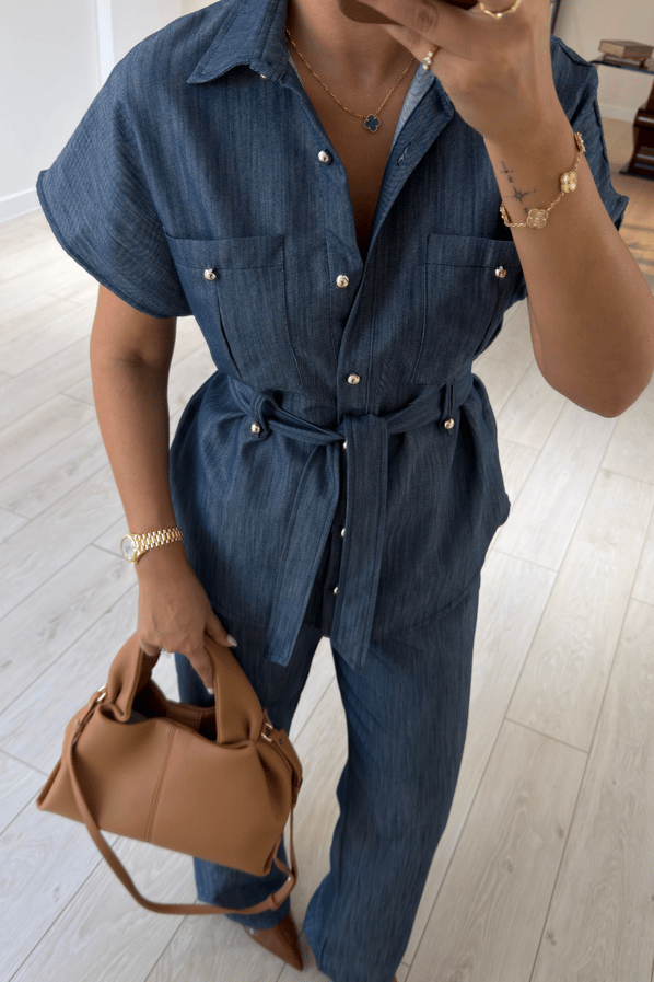 Düğme Detay Kuşaklı Mavi Denim Gömlek / Pantolon TakımSezgi Tekin