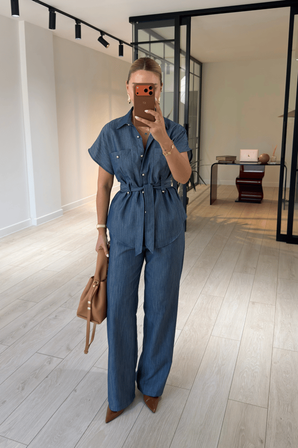 Düğme Detay Kuşaklı Mavi Denim Gömlek / Pantolon TakımSezgi Tekin