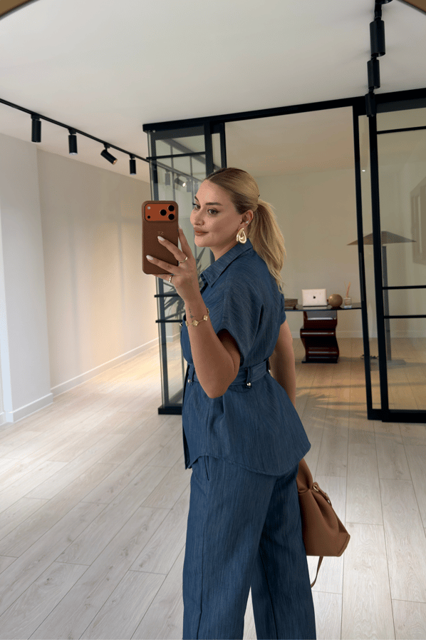 Düğme Detay Kuşaklı Mavi Denim Gömlek / Pantolon TakımSezgi Tekin