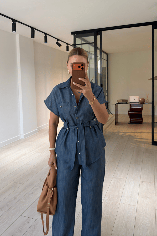 Düğme Detay Kuşaklı Mavi Denim Gömlek / Pantolon TakımSezgi Tekin