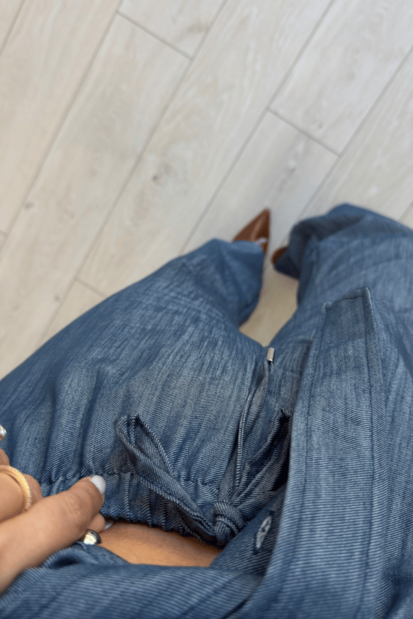 Düğme Detay Kuşaklı Mavi Denim Gömlek / Pantolon TakımSezgi Tekin