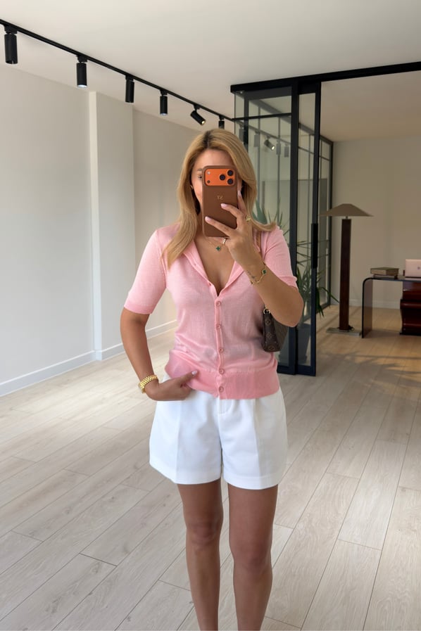 Düğmeli Pembe İnce Triko Bluz / HırkaSezgi Tekin