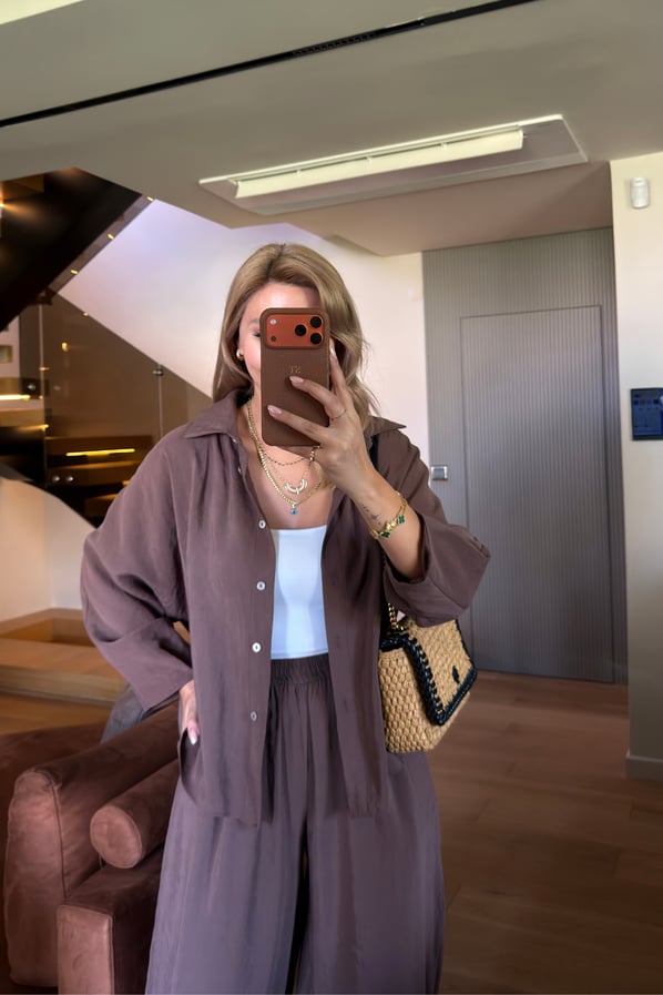 Gömlek/Slouchy Pantolon Tensel Modal Kahve TakımSezgi Tekin