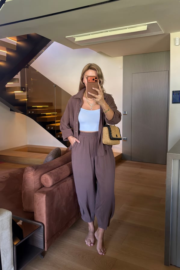 Gömlek/Slouchy Pantolon Tensel Modal Kahve TakımSezgi Tekin