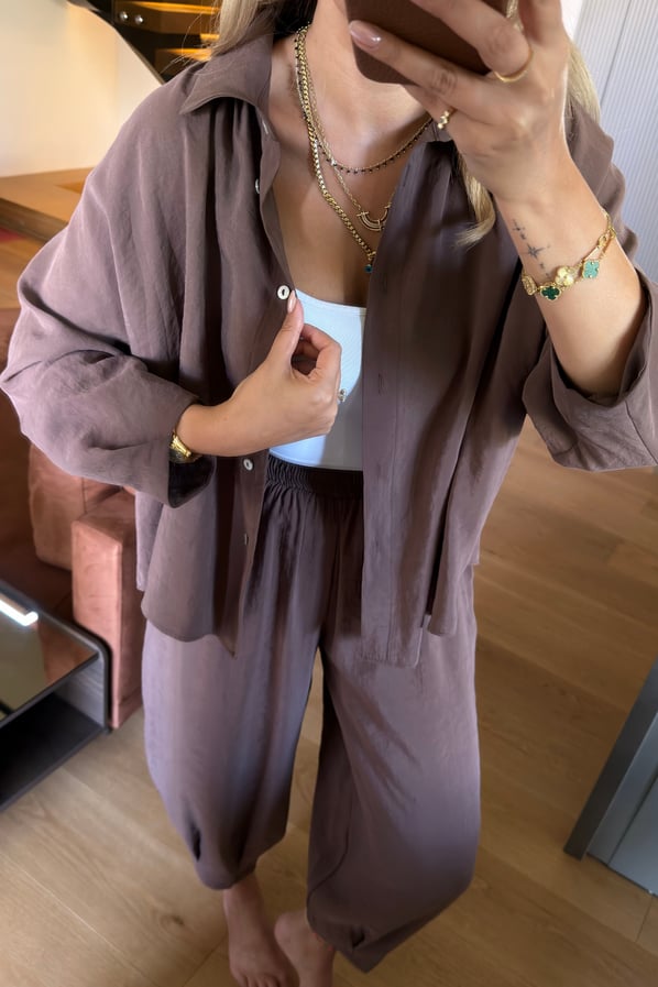 Gömlek/Slouchy Pantolon Tensel Modal Kahve TakımSezgi Tekin