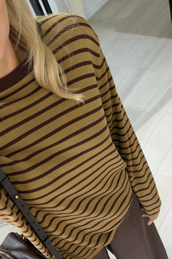Haki-Kahve Çizgili Oversize Triko BluzSezgi Tekin