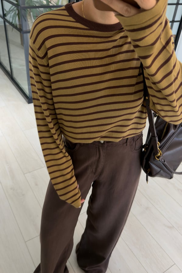 Haki-Kahve Çizgili Oversize Triko BluzSezgi Tekin