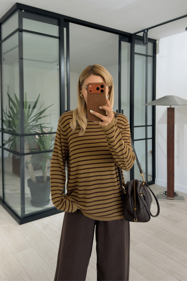 Haki-Kahve Çizgili Oversize Triko BluzSezgi Tekin