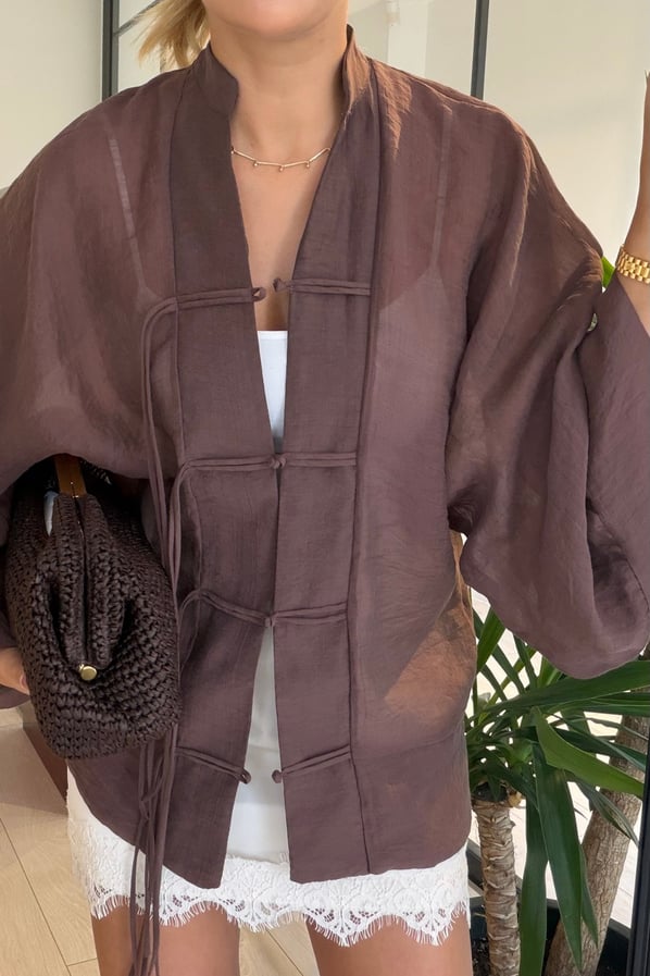 Hakim Yaka Kahve Transparan Kimono GömlekSezgi Tekin