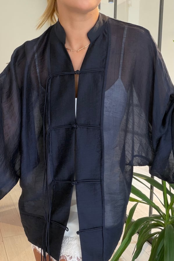 Hakim Yaka Lacivert Transparan Kimono GömlekSezgi Tekin