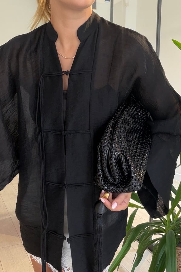 Hakim Yaka Siyah Transparan Kimono GömlekSezgi Tekin