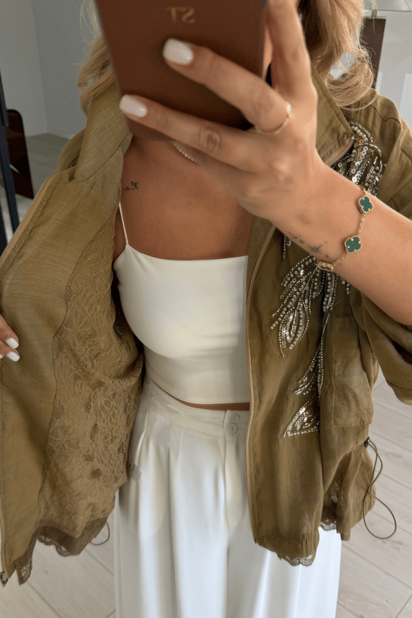 İnci Payet İşleme Detay Dantel Astarlı Haki CeketSezgi Tekin