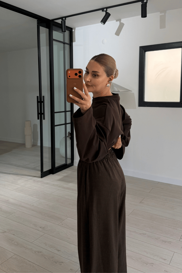 Kahve-Camel Ekoseli Aksesuar Detay Culotte Boy PantolonSezgi Tekin