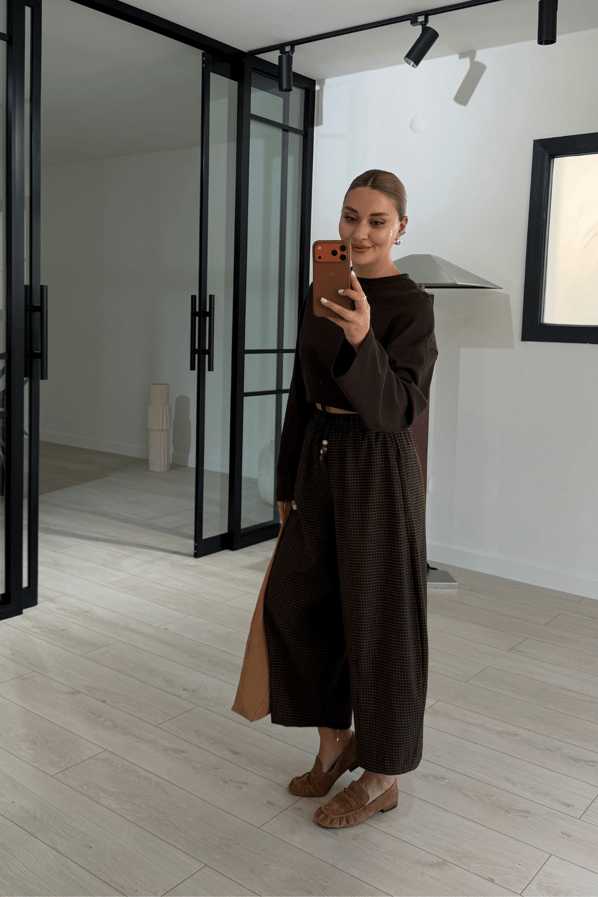 Kahve-Camel Ekoseli Aksesuar Detay Culotte Boy PantolonSezgi Tekin