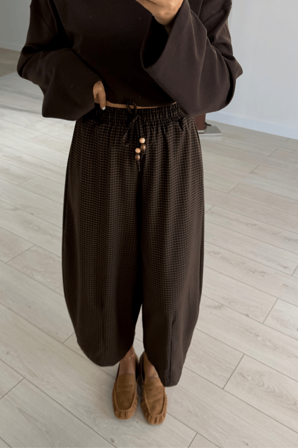 Kahve-Camel Ekoseli Aksesuar Detay Culotte Boy PantolonSezgi Tekin