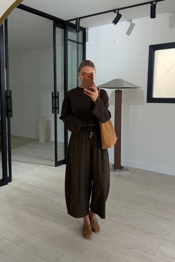 Kahve-Camel Ekoseli Aksesuar Detay Culotte Boy PantolonSezgi Tekin