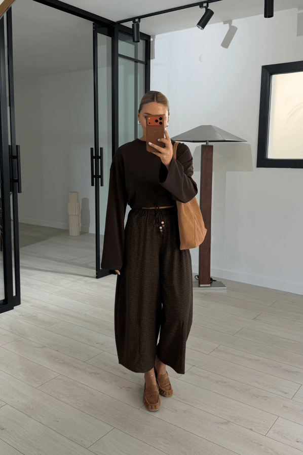 Kahve-Camel Ekoseli Aksesuar Detay Culotte Boy PantolonSezgi Tekin