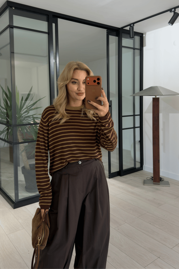 Kahve-Haki Çizgili Oversize Triko BluzSezgi Tekin