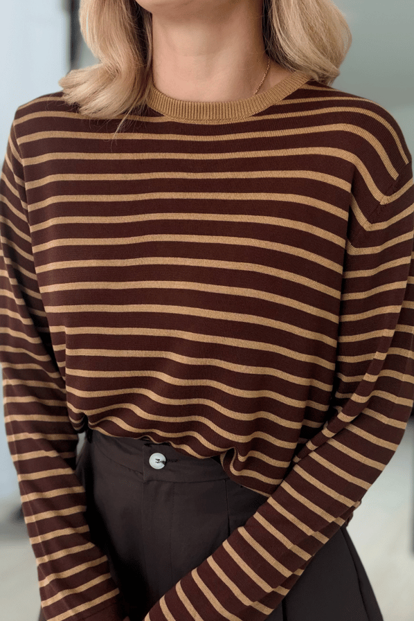 Kahve-Haki Çizgili Oversize Triko BluzSezgi Tekin