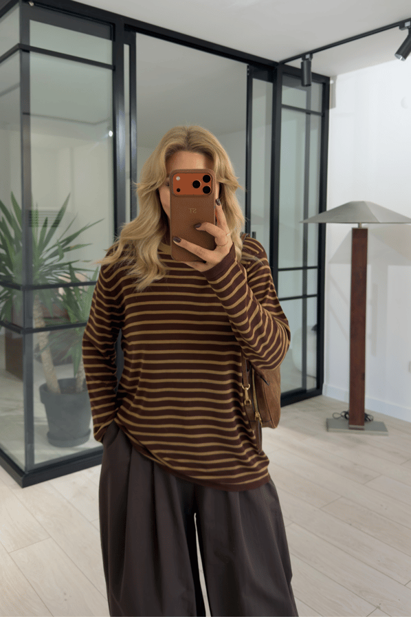 Kahve-Haki Çizgili Oversize Triko BluzSezgi Tekin