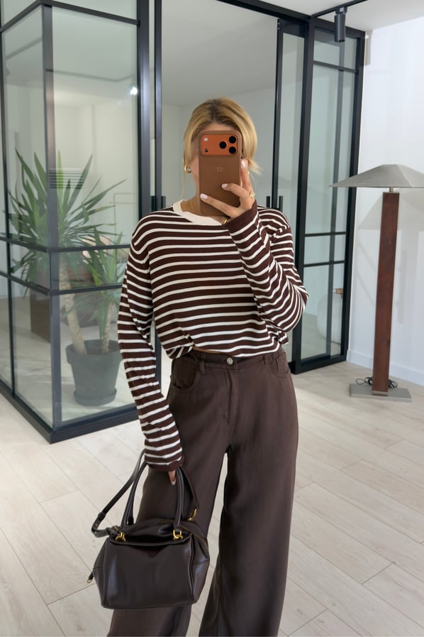 Kahve-Krem Çizgili Oversize Triko BluzSezgi Tekin