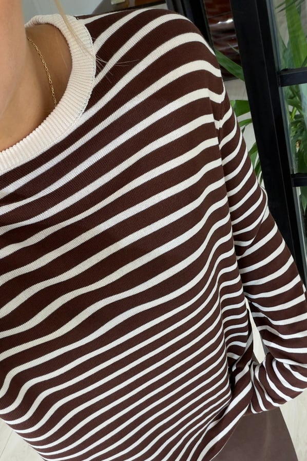 Kahve-Krem Çizgili Oversize Triko BluzSezgi Tekin