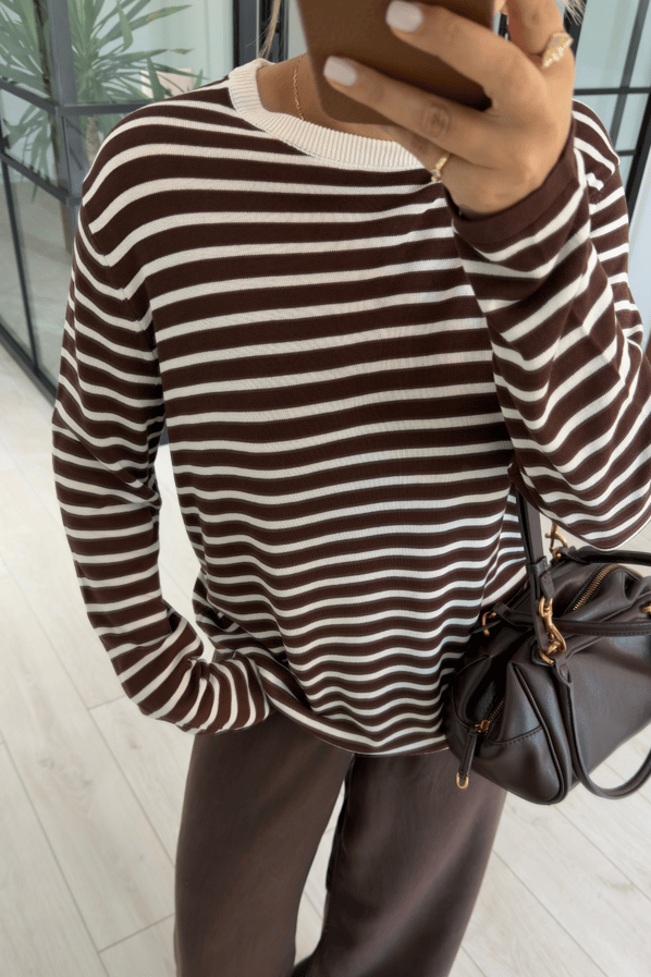 Kahve-Krem Çizgili Oversize Triko BluzSezgi Tekin