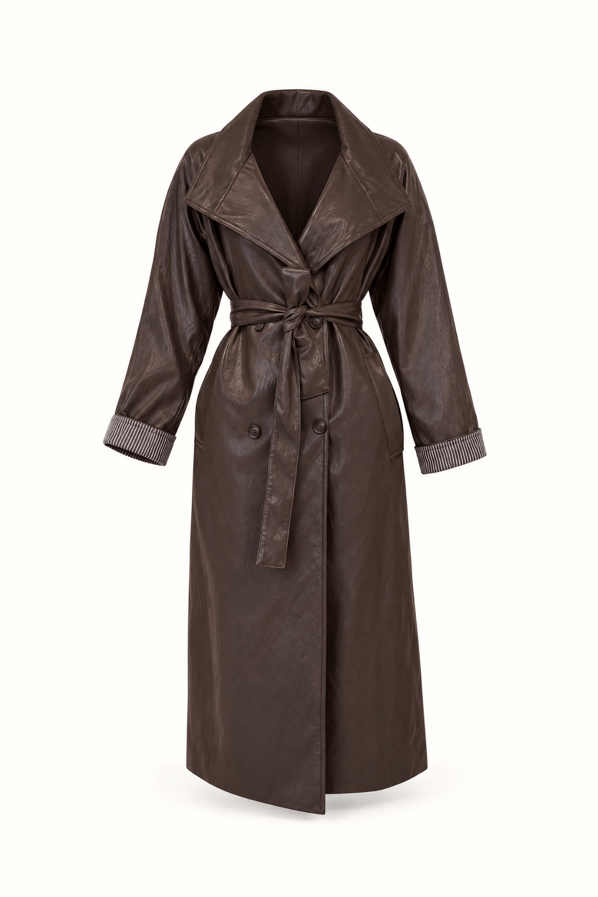Kahve Oversize Deri TrençSezgi Tekin