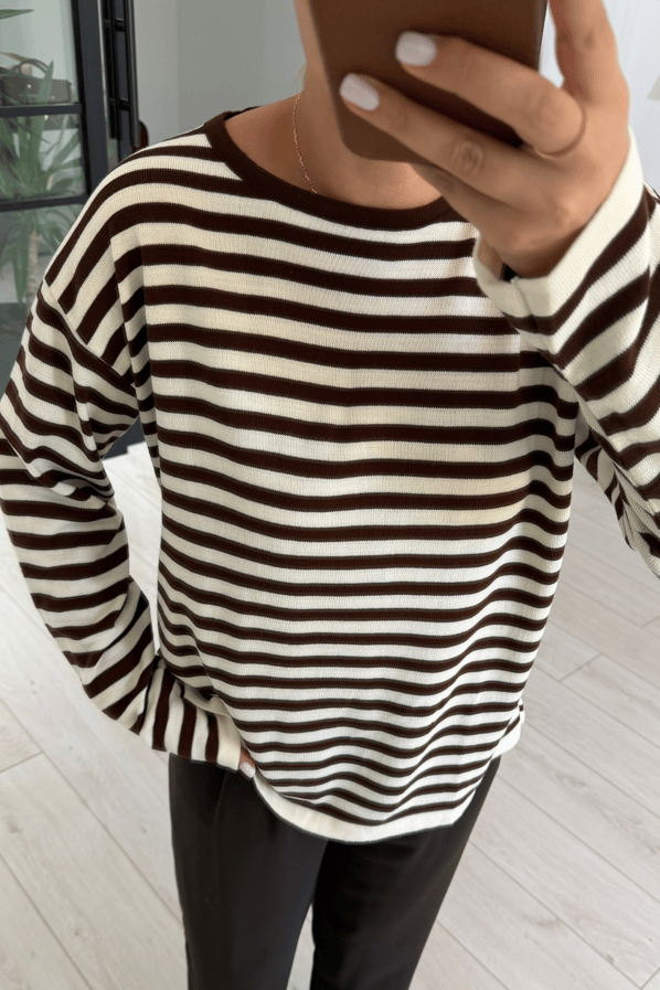 Kahve Oversize Ekru Çizgili Triko BluzSezgi Tekin
