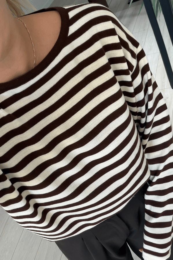 Kahve Oversize Ekru Çizgili Triko BluzSezgi Tekin