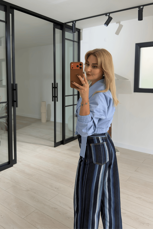 Kalın Çizgili Lacivert Wide Leg JeanSezgi Tekin