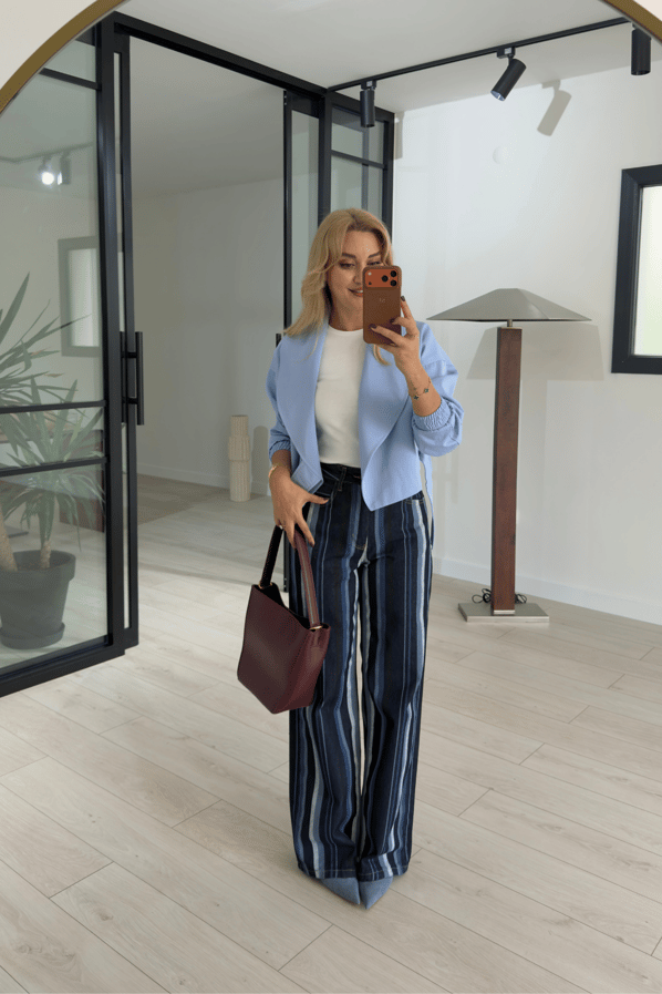 Kalın Çizgili Lacivert Wide Leg JeanSezgi Tekin