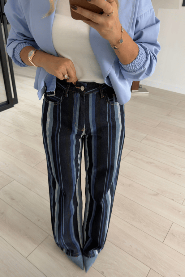 Kalın Çizgili Lacivert Wide Leg JeanSezgi Tekin