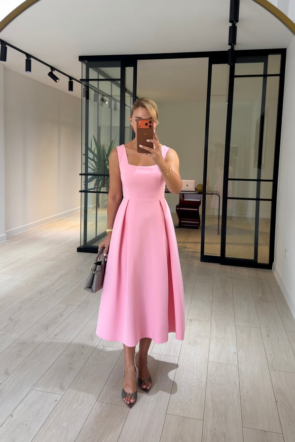 Kare Yaka Pudra Pembe Çan ElbiseSezgi Tekin