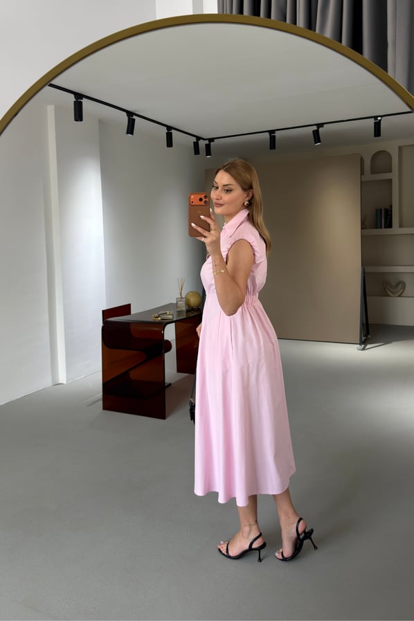 Kemer Detay Gömlek Yaka Pastel Pembe Midi Poplin ElbiseSezgi Tekin
