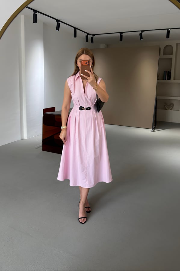 Kemer Detay Gömlek Yaka Pastel Pembe Midi Poplin ElbiseSezgi Tekin