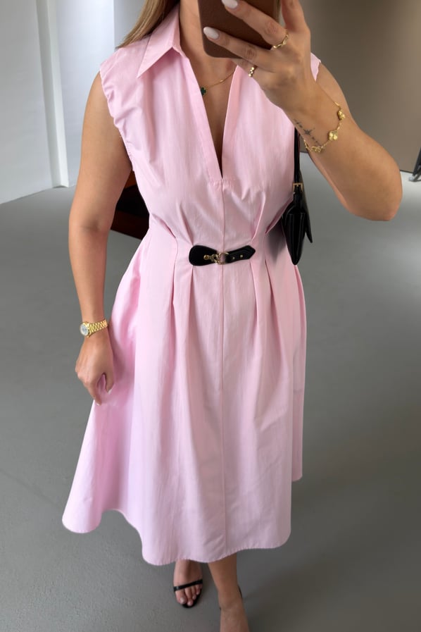 Kemer Detay Gömlek Yaka Pastel Pembe Midi Poplin ElbiseSezgi Tekin