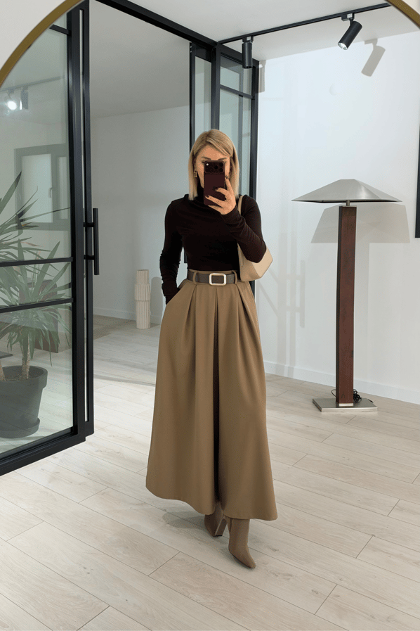 Kemerli Bel Lastikli Camel Etek PantolonSezgi Tekin