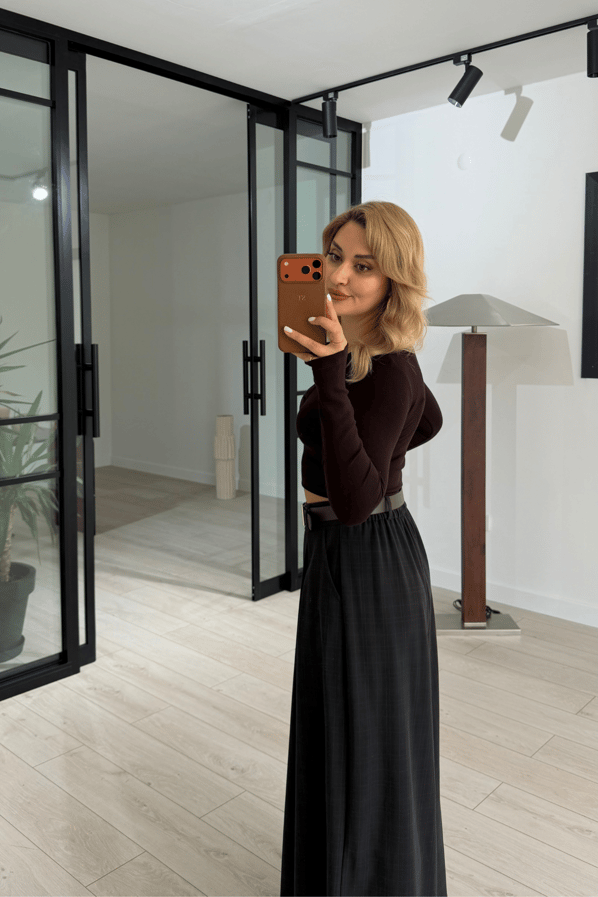 Kemerli Bel Lastikli Kahve Ekoseli Pileli PantolonSezgi Tekin