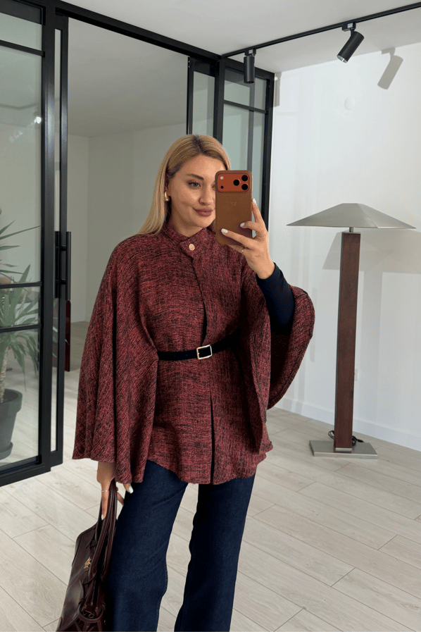 Kemerli Bordo/Lacivert Tüvit PelerinSezgi Tekin
