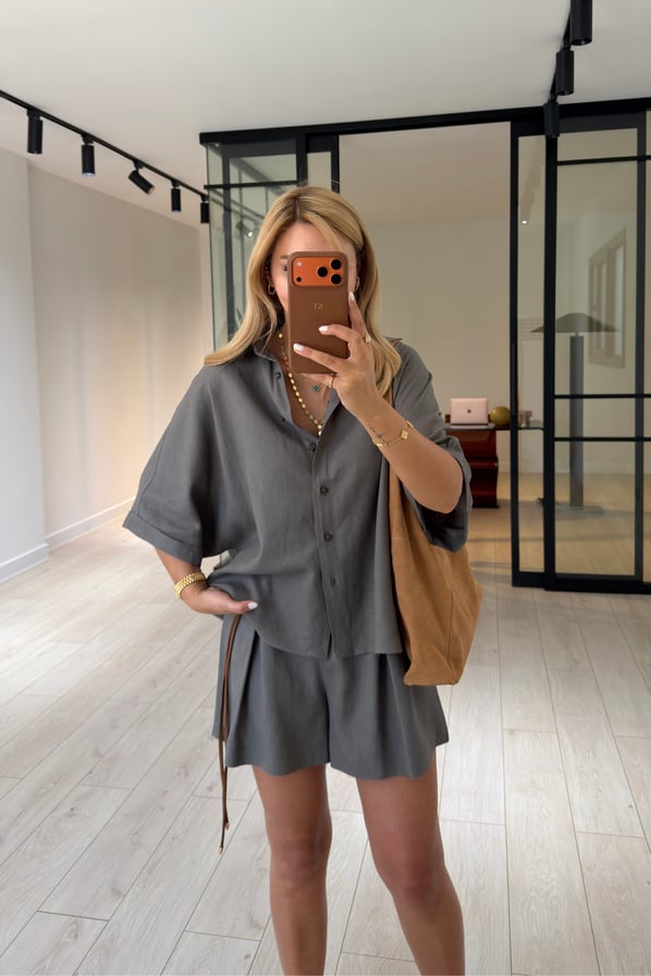 Kemerli Şort Oversize Gömlek Haki Keten TakımSezgi Tekin