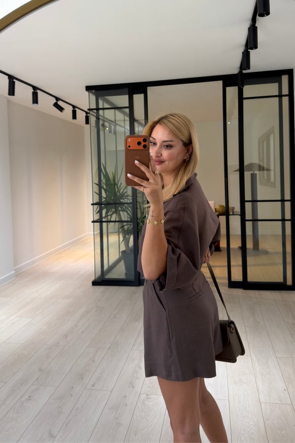 Kemerli Şort Oversize Gömlek Kahve Keten TakımSezgi Tekin