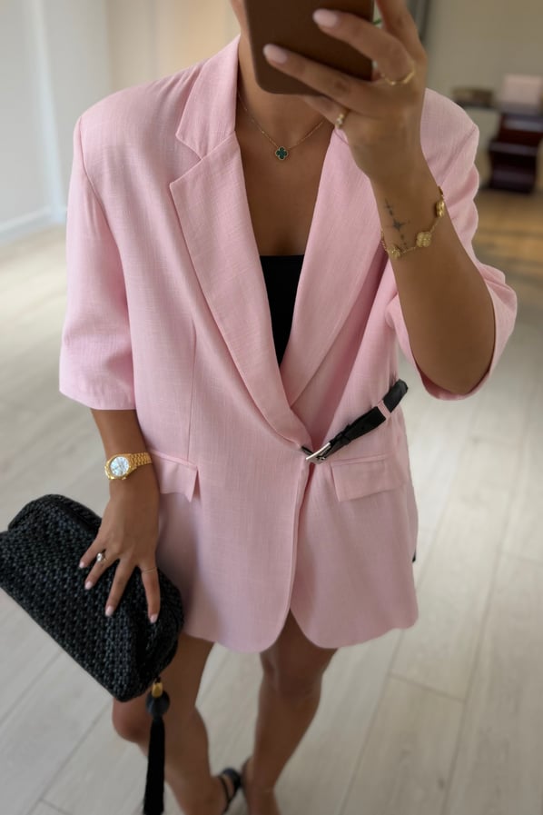 Kemerli Süs Cep Detay Pudra Pembe Oversize CeketSezgi Tekin