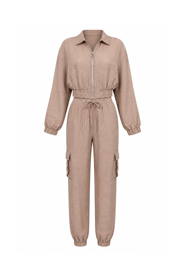 Kırışık Efektli Ceket Pantolon Camel  Saten TakımSezgi Tekin