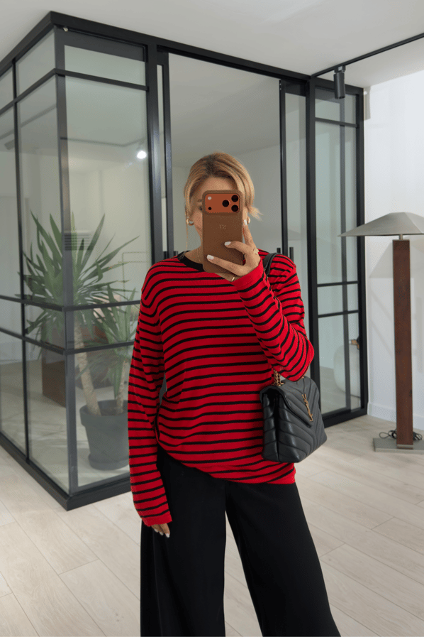Kırmızı-Siyah Çizgili Oversize Triko BluzSezgi Tekin