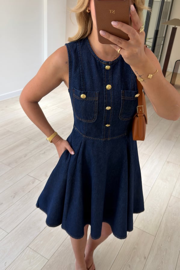 Kolsuz Gold Düğme Detay Çan Lacivert Denim ElbiseSezgi Tekin